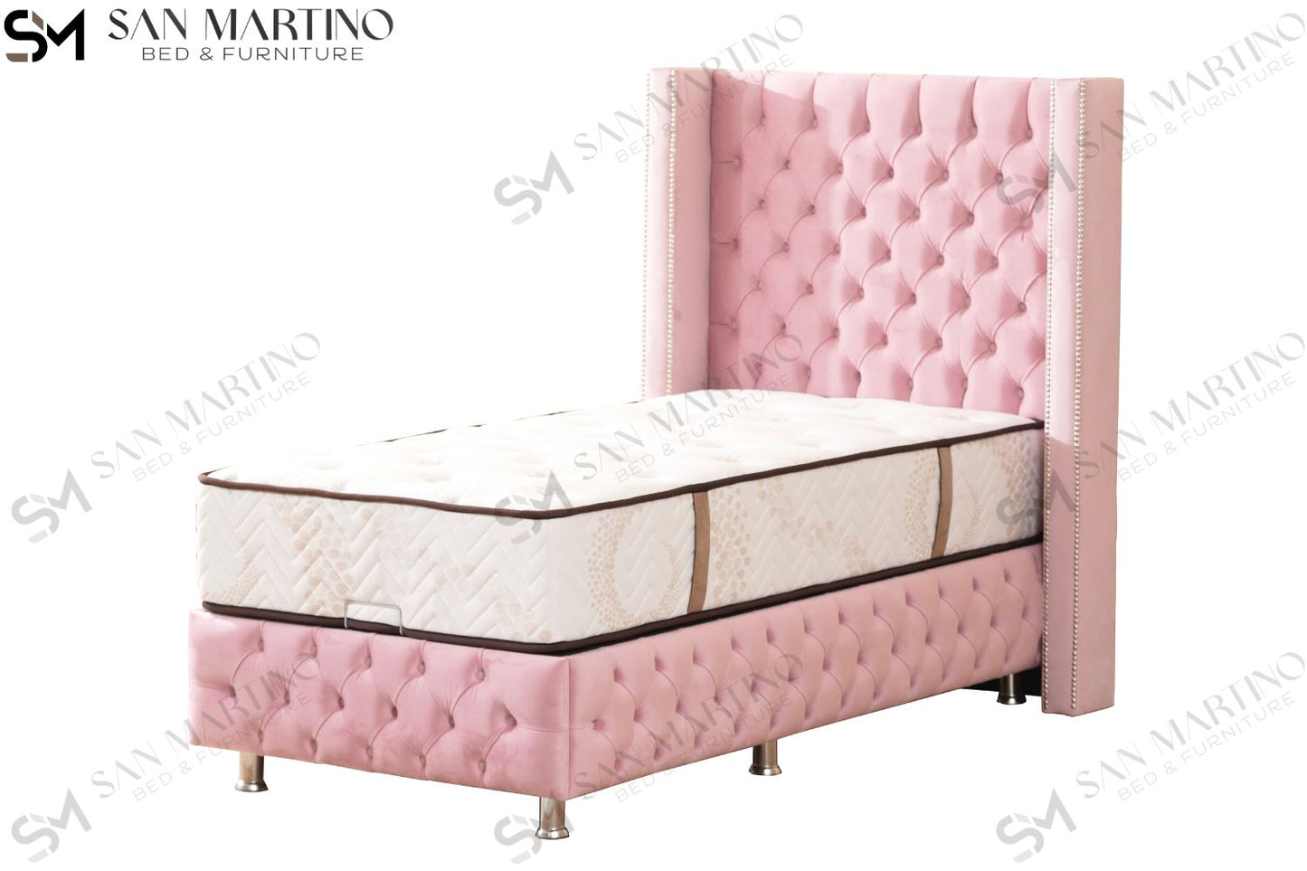 Lit Coffre Enfant CLOUTE Velours Rose