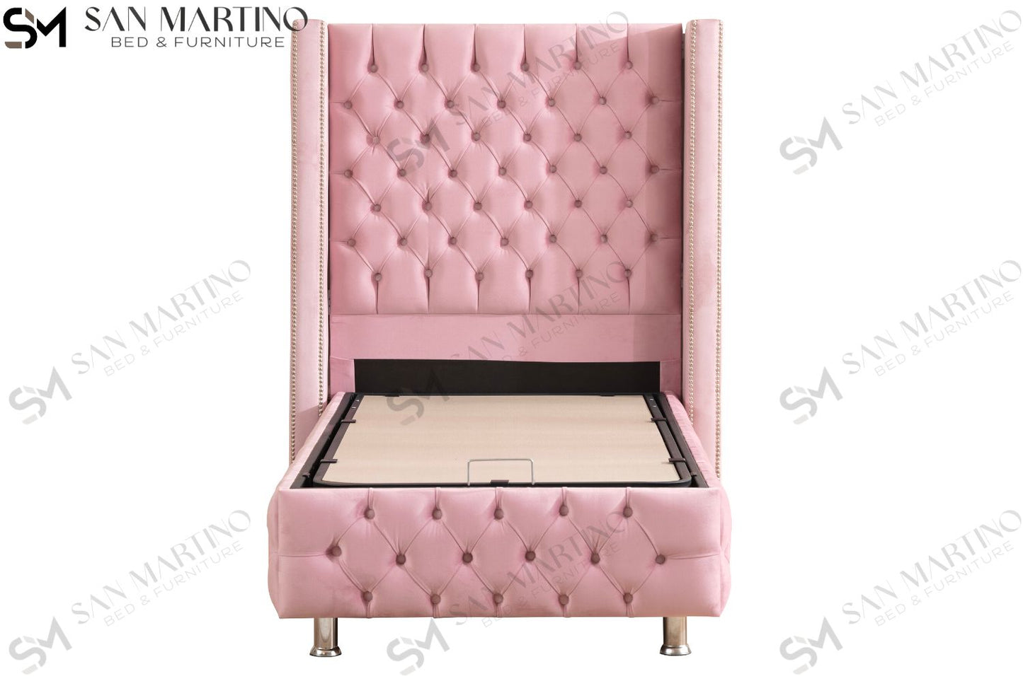 Lit Coffre Enfant CLOUTE Velours Rose