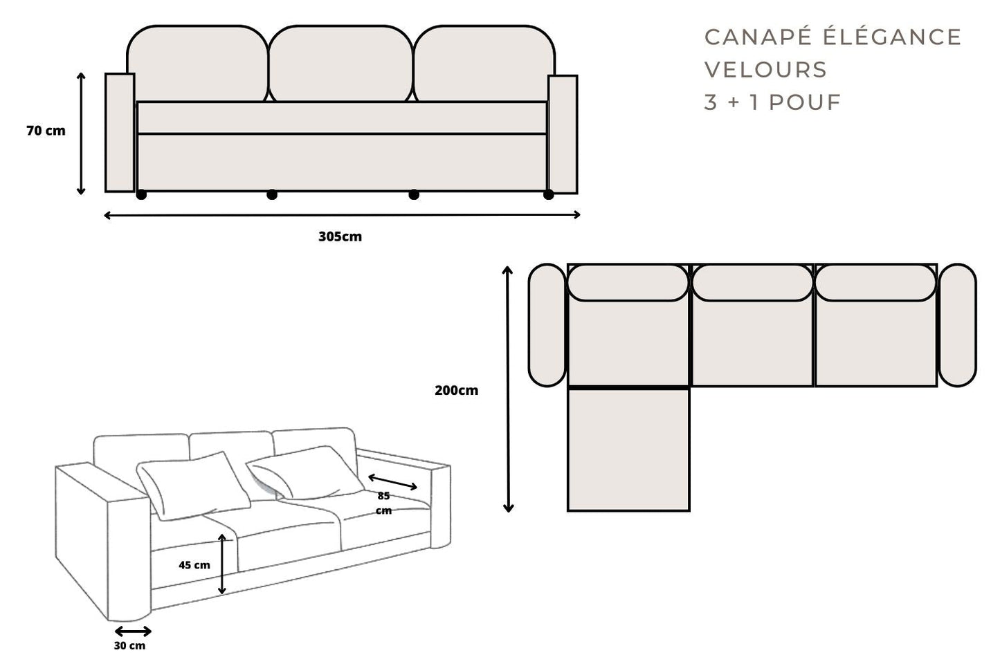 Canapé Elégance Velours Modulable 3+1 Pouf